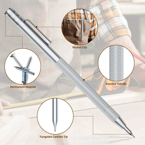 Close-up of five-pack tungsten carbide scriber set with knurled aluminum handle, magnetic cap, and tungsten tip for precision engraving.