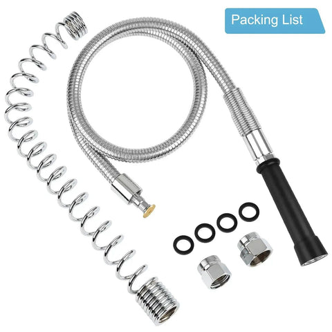 Heavy Duty 44 Inch Pre Rinse Hose With Grip Handle And Spring For Commercial Sinks, showing hose, spring, connectors, washers