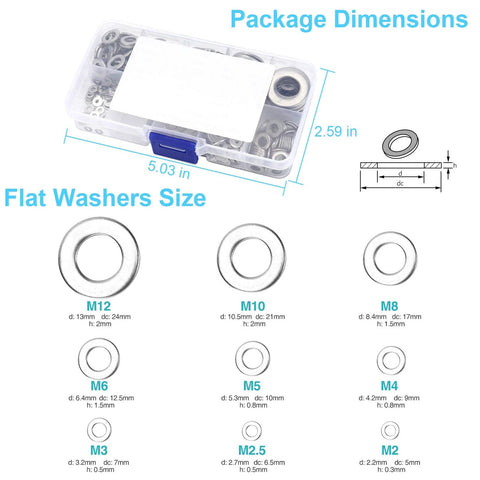 800-piece set of 304 stainless steel flat washers in nine sizes (M2–M12) housed in a clear plastic storage box.