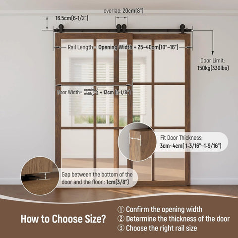 Heavy Duty 4Ft Bypass Sliding Barn Door Hardware Kit Built Tough For Two Doors Single Track System With Smooth Quiet Glide Top Mount Hangers Rust Resistant Black Steel Rail Ideal For Farmhouse Or Modern Living Spaces Door Not Included installed on wooden doors, showing measurements and guidelines for door thickness and gap size.