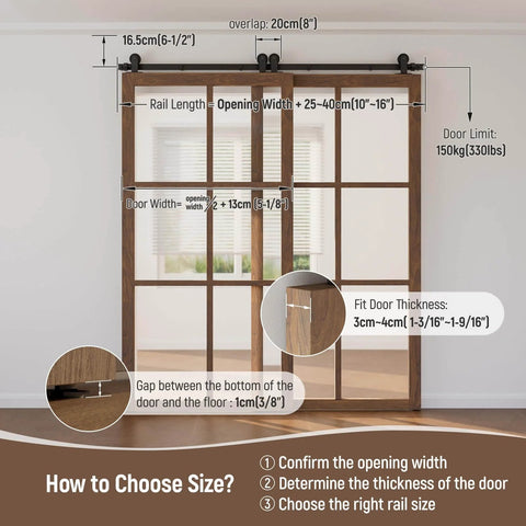 6.6Ft Bypass Sliding Barn Door Hardware Kit For Two Doors Single Track System With Top Mount Hanger diagram and specifications