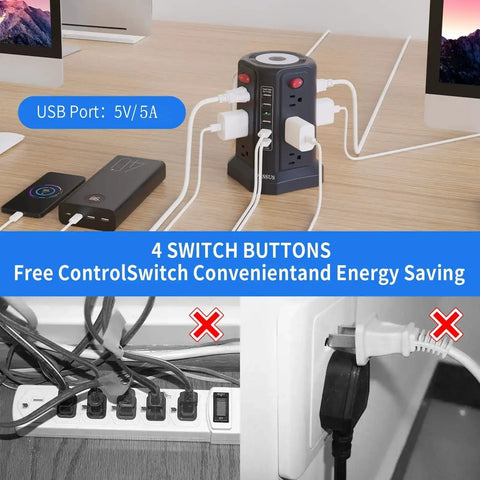 Heavy Duty Surge Protector Power Tower With 5 USB Ports And Night Light, 10 Ft Extension Cord And 12 AC Outlets in home office