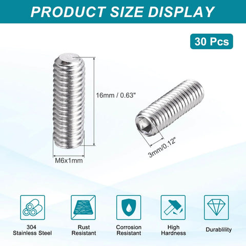 30 Pack M6-1 X 16mm Grub Screws 304 Stainless Steel Cup Point Allen Head Screws Internal Hex Drive For Bathroom Fixtures Furniture DIY Projects And Electronics Fixes product size display