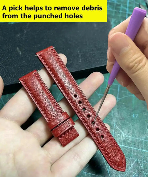 5 Inch Ergonomic Hole Punch Pliers used to create precise holes in a red leather watch band shown with a pick