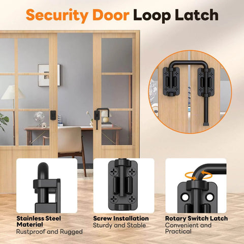 Security steel latch installed on wooden sliding door, close-up showing rotary switch and screw installation details.