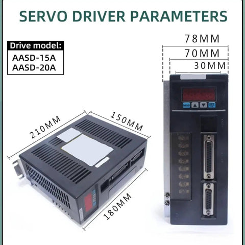 Front and top views of AASD-15A servo drive with brake, 220V AC, metal enclosure, size about 180x210x150 mm.