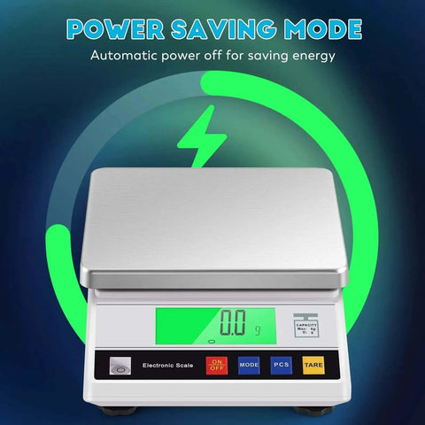Front view of Top Notch Digital Lab Scale 10kg Capacity With 0.1g Precision, Fast Readout For Weighing And Counting with power-saving mode.