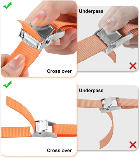 Visual guide on strap positioning for car seat travel cart. Illustrates proper 'Cross over' and incorrect 'Underpass' methods.