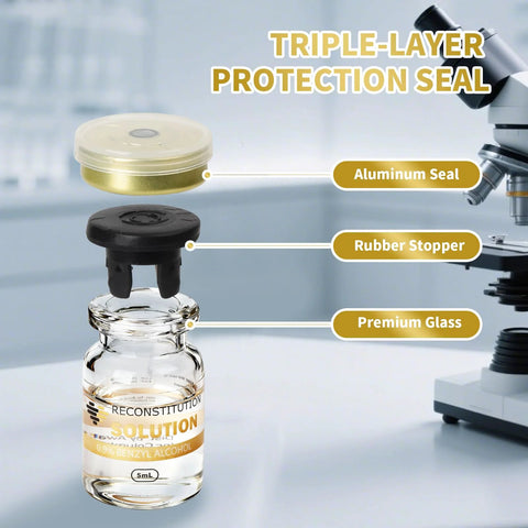 Ten 5 mL glass vials for reconstitution with aluminum seal, rubber stopper, and premium glass