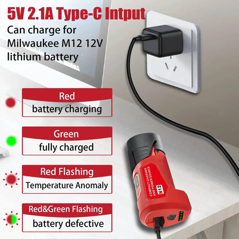 M12 USB Power Source Charger Adapter for 12V battery Type C input 2.1A USB port and 12V DC outlet connected to power source