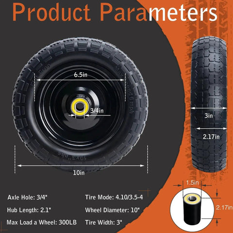 Solid 10 Inch Polyurethane Tires 4.10/3.50-4 Flat Free With 3/4 Inch Bearings And 2.17 Inch Offset Hub, 2-Pack, product dimensions