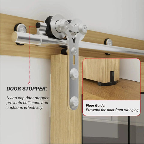 Stainless Steel Sliding Barn Door Hardware Kit With 7Ft Rail For Single Door Fits 42 Inch Panel Smooth Quiet Operation 220Lb Weight Capacity Includes Track Spliced Rail Wall Hangers Rail Connector 2 Rollers 2 Door Carriers Y Shape Hangers, showing door stopper and floor guide.