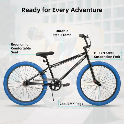 Side view of 24 Inch Kids Freestyle BMX Bike For Beginners For Boys And Girls Aged 7 To 12, Durable Hi Ten Steel Frame, 24 Inch Wheels, Smooth Gearing And Braking, Blue Tires, Perfect Starter Bike For Young Riders.