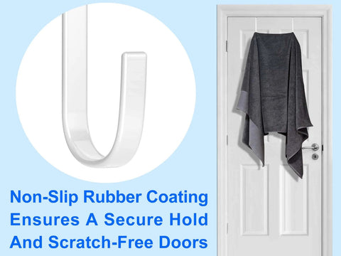 White over-door hook with non-slip rubber coating holding a gray towel on a white door, emphasizing secure hold.