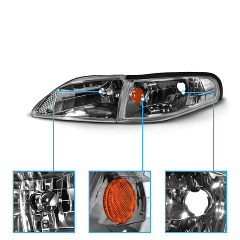 Replacement Headlights For 1994 1998 Ford Mustang Gun Metal Corner Turn Signal Set Direct Fit Driver And Passenger Side