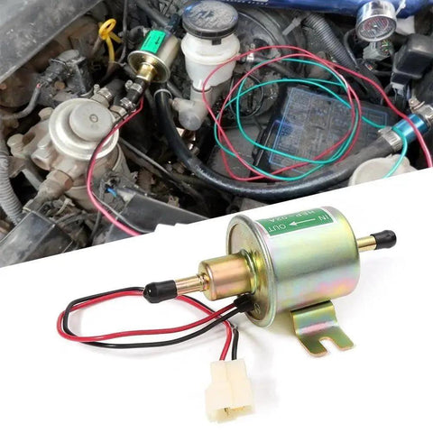 12V Electric Fuel Pump Transfer Kit Low Pressure Universal For Gas And Diesel Vehicles Boats 2.5 To 4 Psi With 8mm Inlet And Outlet And Anti Backflow Beefy Suction Built For Cars Trucks And Marine Use shown installed in engine system and standalone view.