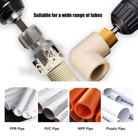 Drill Style PPR Pipe Threader And Reaming Kit For One Half Inch And Three Quarter Inch PVC Pipes With Reaming Bit Set in use on PVC pipe.