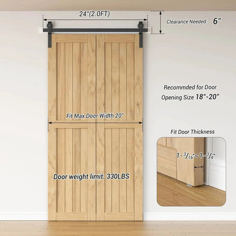 24 Inch Bi Folding Barn Door Hardware Kit For Two Doors Side Mounted Heavy Duty Track Roller Kit With Nylon Rollers And Steel Track Holds Up To 330 Lbs Quiet Smooth Operation Easy To Install Black Finish For Closets And Rooms showing wooden doors on track