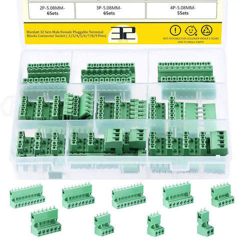 32 Set Value Pack Pluggable Terminal Block Connector Kit With Male And Female Sockets, 5.08mm Pitch, assorted in a clear case