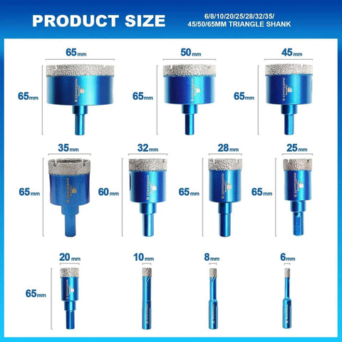 Diamond Core Drill Bit Set For Porcelain Tile Ceramic Marble And Granite Dry Drilling 11 Piece Kit With Triangle Shank Sizes 6mm 8mm 10mm 20mm 25mm 28mm 32mm 35mm 45mm 50mm 65mm For Easy Tile Cutouts shown in various sizes