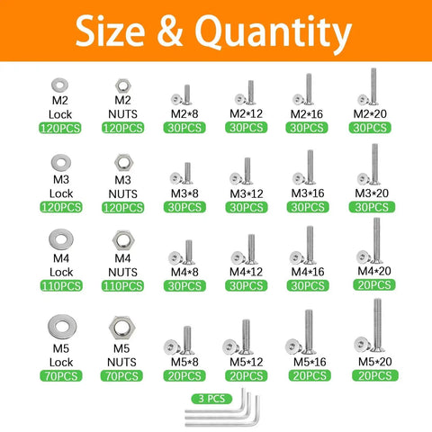 1270 Piece Stainless Steel Screw Kit M2 To M5 For 3D Printing Includes Allen Head And Flat Head Countersunk Bolts Metric Bolts Nuts Washers And Wrenches In Silver size quantity chart