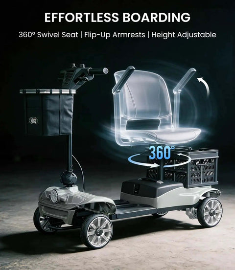 Go-To Long Range Folding Mobility Scooter for Seniors and Adults, 28.5 Mile Electric Power Ride, 360-degree swivel seat, silver.