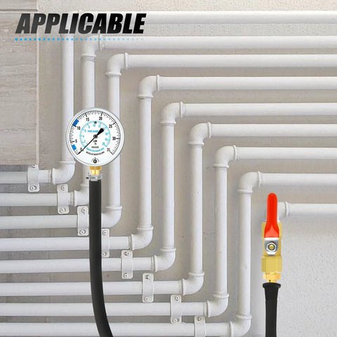 MEANLIN gas pressure test gauge kit with 0-35 in WC, 40-inch hose, brass fittings and red-handled valve