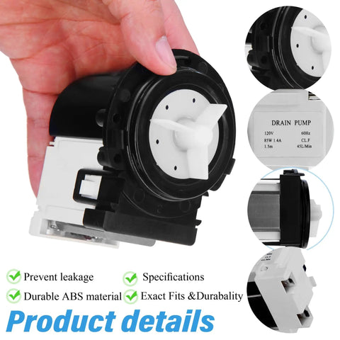 Washer drain pump motor front view; black plastic housing with white impeller, compatible with Kenmore and LG washers.