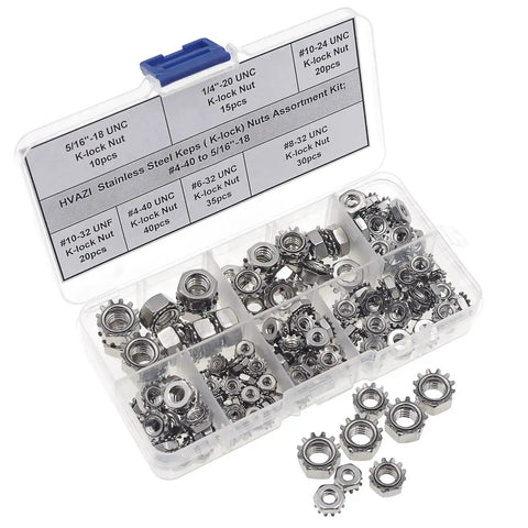 Stainless Steel Keps Nuts With K-Lock Lock Washers Assortment Kit 170 Pieces Sizes 4-40 To 5/16-18 UNC 304/420 Stainless