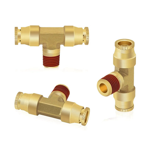 Brass air-brake push-to-connect tee fittings, 3/8 in OD to 1/4 in NPT, 3-pack