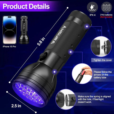 Automotive Air Conditioner Leak Detector Flashlight With 68 LED UV Dye Leak Kit And Protective Glasses For Quick Hassle Free Car AC Leak Locating In Garage Or Shop A Professional Grade Tool Vansky, black flashlight with measurements and details shown