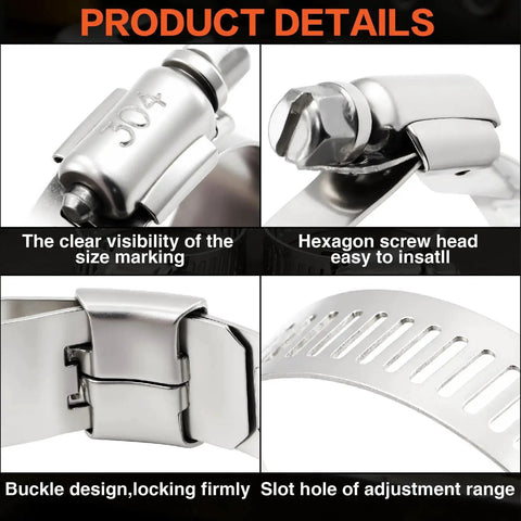 Close-up of Pro Grade 185 Piece 304 Stainless Steel Anti Rust Hose Clamp Kit features including markings, hexagon head, and buckle design.