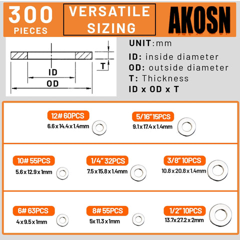 Stainless steel flat washers assortment kit, 300 pcs, SAE 304, eight sizes: #6, #10, #12, 1/4 in, 5/16 in, 3/8 in, 1/2 in
