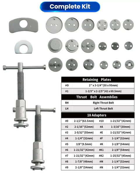 Complete kit view of Beefy All In One Heavy Duty 24 Piece Brake Caliper Compression Tool Set With 18 Disc Adapters Left And Right Thrust Bolts 2 Retainer Plates 2 Rubber Coated Gloves And Brake Spreading Tool By ATPEAM.