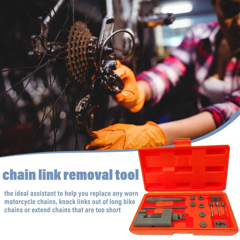 Motorcycle Chain Breaker Tool Kit With 18 Piece Chain Rivet Tool Set And Chain Link Cutter For Motorcycle ATV Bike Cam Chain displayed next to bike maintenance scene