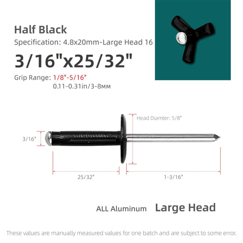 Tri-Fold Aluminum Blind Rivet Kit With 50 Pcs Tri Grip Bulb Style Pop Rivets for Automotive, 3/16 x 25/32 inch large head.