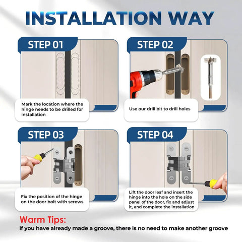 Installation steps for Hidden Door Hinge Set 0.63 By 2.76 Inch 2 Pack Built To Last Heavy Duty Invisible Hinges For Wood Doors And Cabinets