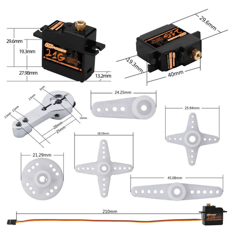 Two Pack 21G Mini Digital Servo With Full Metal Gear Micro RC Servo Dual Ball Bearings 25T Horn dimensions and components