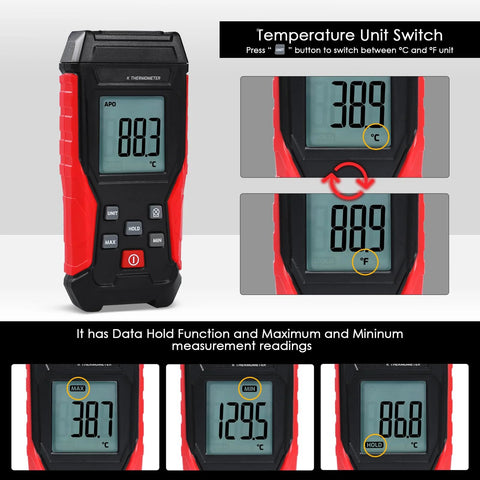 Amazon JuviPerpric K-type thermocouple digital thermometer, red and black handheld with LCD display