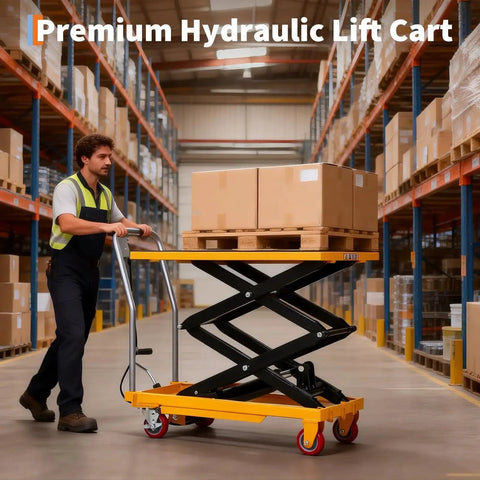 Warehouse worker using Durable Hydraulic Lift Table Cart 770 Lb Capacity 50.7 Inch Lift With Wheels to move boxes