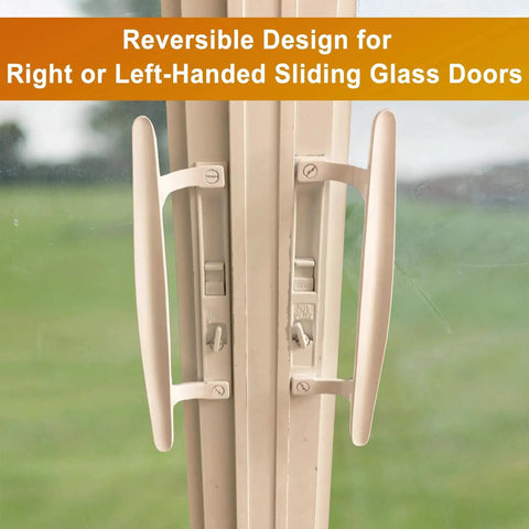 Flush Mount Sliding Glass Door Handleset Non-Keyed With Night Lock And Hook Latch, 6 5/8 Inch Hole Spacing, Fits 1 To 1 1/8 Inch Thick Doors, Non-Handed White Diecast, Durable Construction For Long Lasting Use And Smooth Operation, shown installed on a sliding glass door, demonstrating reversible design for right or left-handed doors.