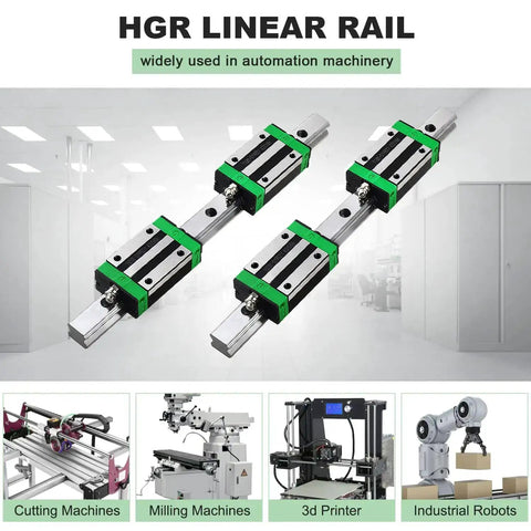 Two HGR20 200mm Linear Guide Rails With Four HGH20CA Carriage Blocks for DIY CNC projects, shown with various machinery applications.