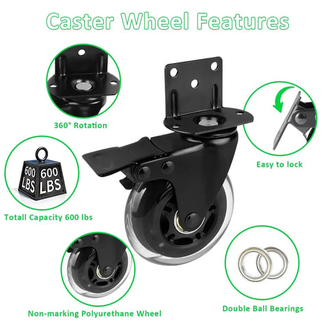 Set Of Four 3 Inch L Shaped Bracket Swivel Casters With Brakes For Cots Flower Stands Desks And Other Furniture Silent Polyurethane Wheels Heavy Duty 600 Pound Loading Capacity Ideal For Home Office And Workshop Use, 3-inch caster features