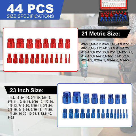 Nut And Bolt Thread Gauge Kit 44 Piece Case With Detachable Gauges 23 Inch And 21 Metric Sizes showcasing 21 metric and 23 inch sizes.