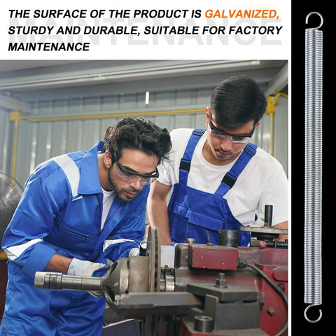 12-piece extension springs, galvanized steel, 3/8 x 6-1/2 in, dual hook ends, shown with two workers in a workshop