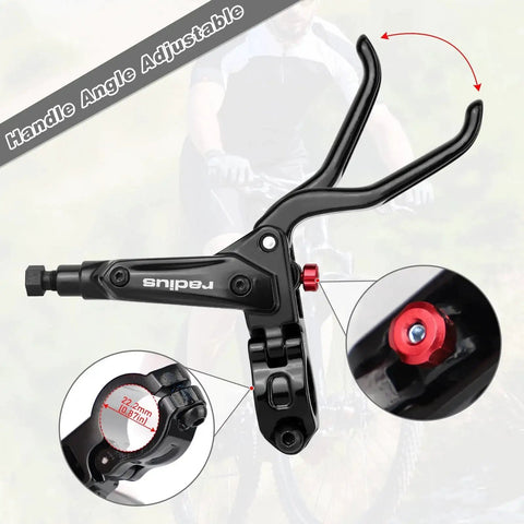 GRELiving hydraulic disc brake lever, front view, black lever with red angle-adjust dial for MTB/road bikes