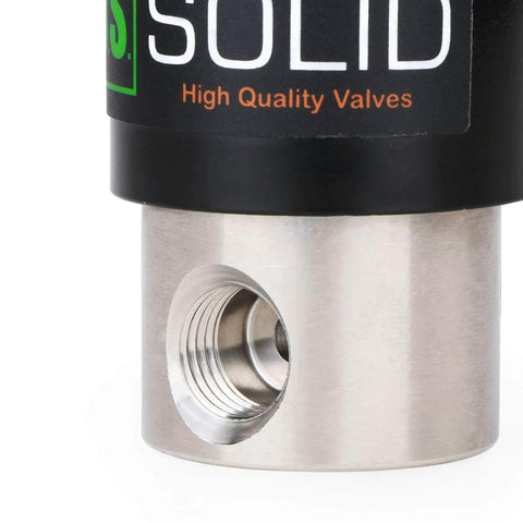 Close-up of Stainless Steel 1/4 Inch Electric Solenoid Valve 12V DC Normally Closed With Viton Seals, built tough industrial grade