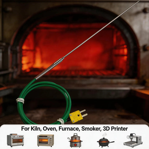 TL1911SL K-Type thermocouple probe with 47-in green silicone cable and 12-in stainless probe, before a glowing kiln