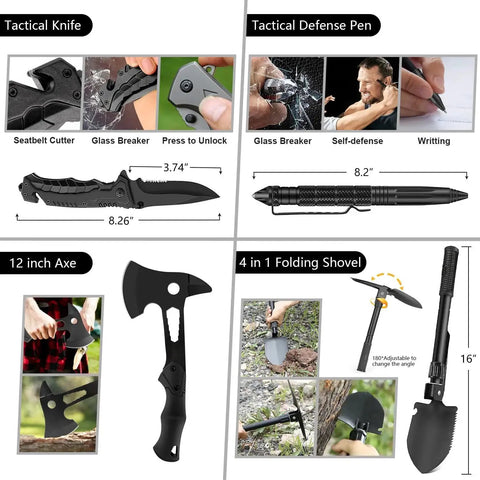 Survival Kit Backpack Prepper Ready With 151 Piece Emergency Gear and Tactical Tools Display, Knife, Pen, Axe, and Folding Shovel