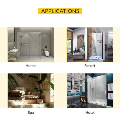 Applications of adjustable glass to glass pivot hinge for frameless shower doors in home, resort, spa, hotel settings